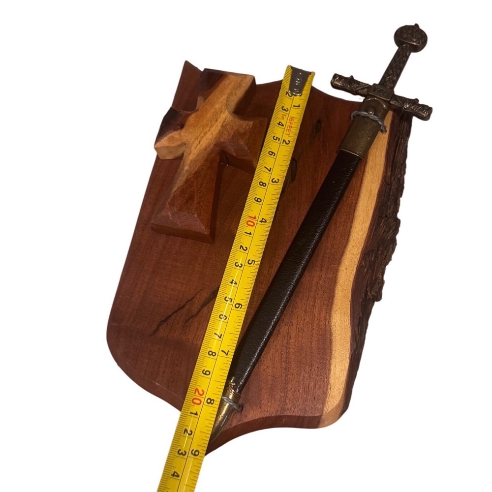 Handmade Live Edge Wood Shield Carved Cross & Replica Sword Letter Opener Gothic - Picture 7 of 10